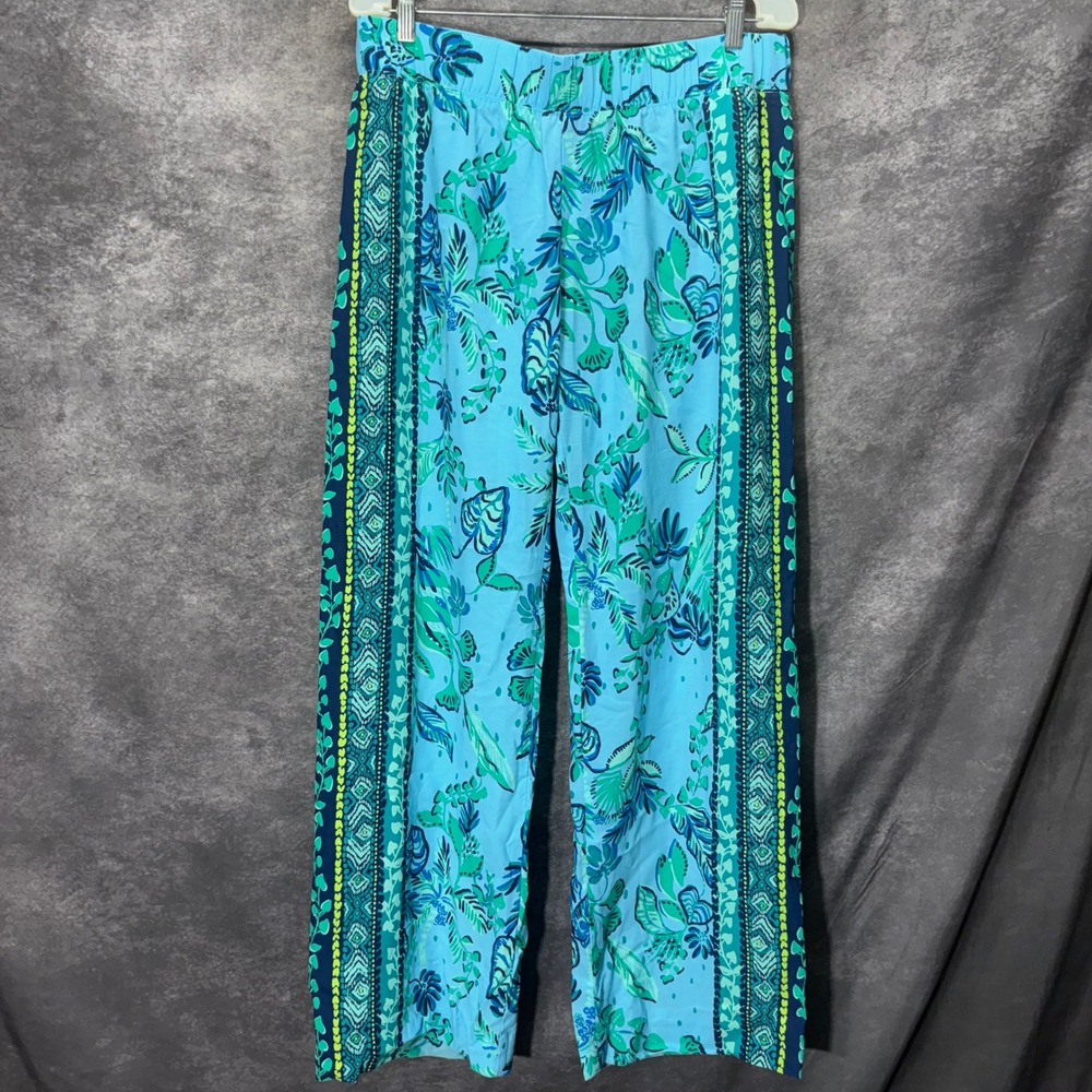 Lilly Pulitzer Bal Harbour Palazzo Pants Size L Turquoise Green Floral Vacation